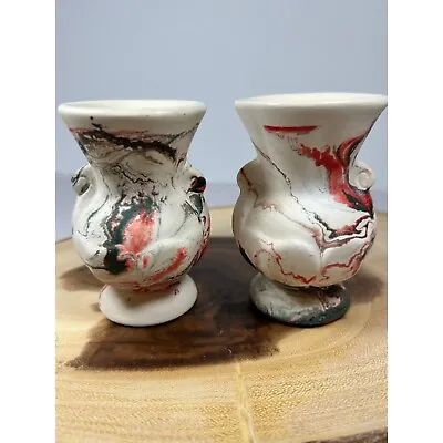 Pair Morton Pottery End Of Day Swirl Mini Sample Urn Vases Marbled VTG Red Green • $37