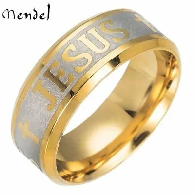 MENDEL Mens Stainless Steel Gold Plated Christian Jesus Cross Ring Band Sz 6-13 • $9.99