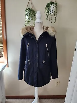 $31 • Buy ZARA Trafaluc Outerwear Dark Blue, Fur Lined Hooded Winter Jacket Size M Womens 