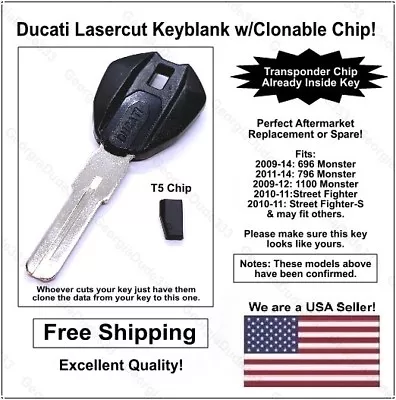 Ducati AfterMarket Lasercut Key Blank With T5 Transponder Chip.  Read Listing  • $34.95