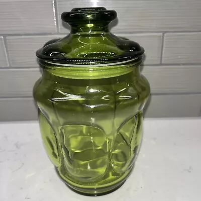 LE Smith Jar Canister Candy Thumbprint Avocado Green Glass Flour Sugar 8  • $12