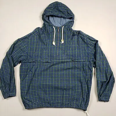 Lands End Jacket Adult Large Blue Green Tartan Plaid 1/4 Zip Pullover Hooded • $29.99