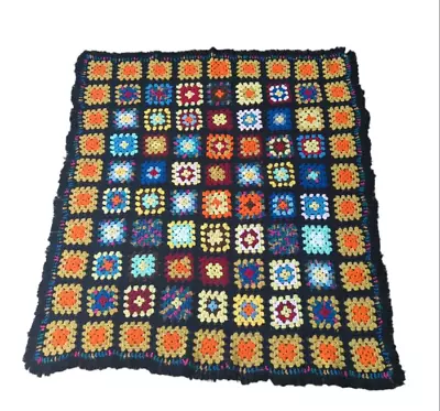 Afghan Blanket Knit Crocheted Squares Fringe Homemade 58  X 66  Black Base • $17.99