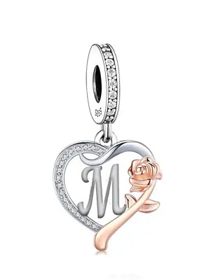 Letter M Name Initial Heart & Rose Dangle Charm 💜 925 Sterling Silver • £17