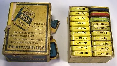 Vintage Auto Glass Tube Fuses In Buss Box 20 Tins Buss GM Littelfuse Jeff Union • $24