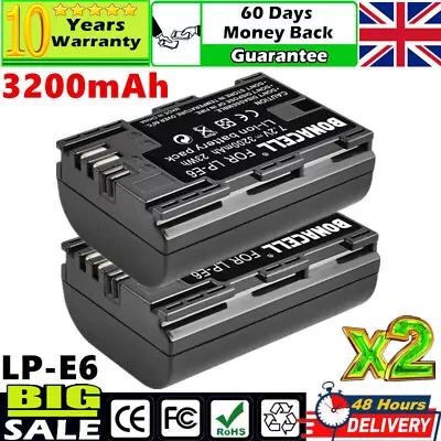 2x 3200mAh LP-E6 Battery For Canon EOS 5D Mark II III 70D 7D 60D 6D 80D 90D 60Da • £18.99