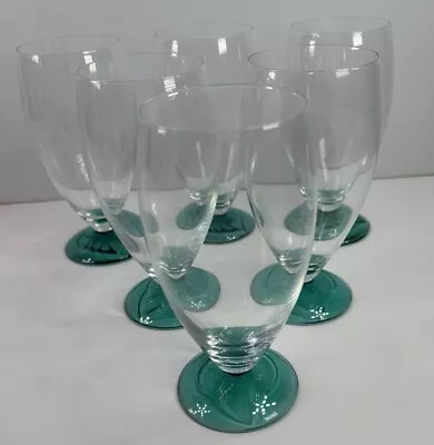 6 Mikasa Al Fresco Clear Glass  Iced Tea Goblets 6 3/8” Embossed Teal Leaf Base • $34.99