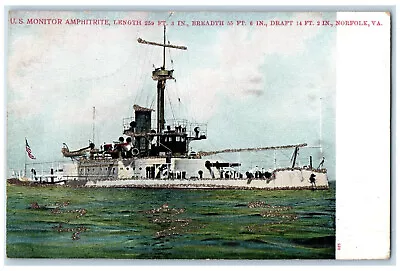 C1905 U.S Monitor Amphitrite Navy Ship Norfolk Virginia VA Antique Postcard • $14.98