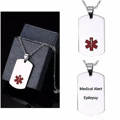 Epilepsy Epileptic Medical Alert Necklace Stainless Steel Chain Curb Dog Tag • £12.99