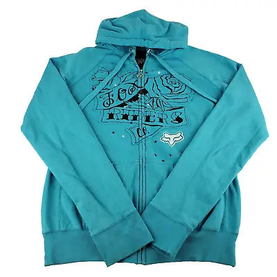 VTG Fox Racing Co Riders Hoodie Women XL Full Zip Teal Pockets Embroidered Logo • $31.99