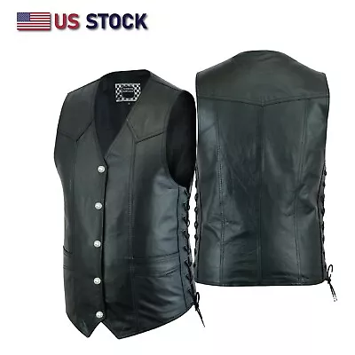 Men Motorcycle Leather Biker Vest Side Lace Gun Pockets Club Patch Sew 11614SPT • $34.95