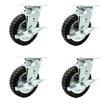 6 Inch Black Pneumatic Wheel Swivel Casters With Brakes Set Service Caster • $182.06