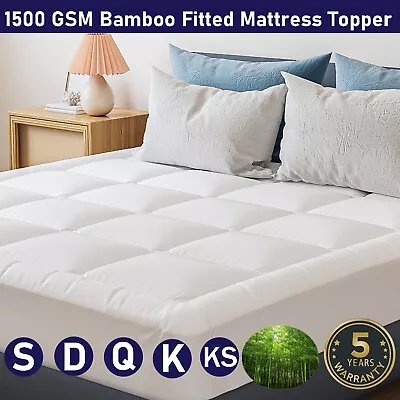 $39.99 • Buy 1500GSM Bamboo Fitted Pillowtop Mattress Topper Bed Pad Queen Double King Single