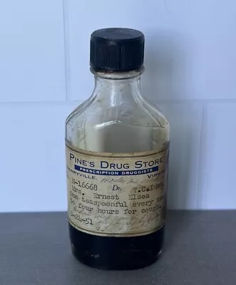 RARE Vintage Pine’s Drug Store Berryville Va Prescription Cough Medicine Bottle • $18