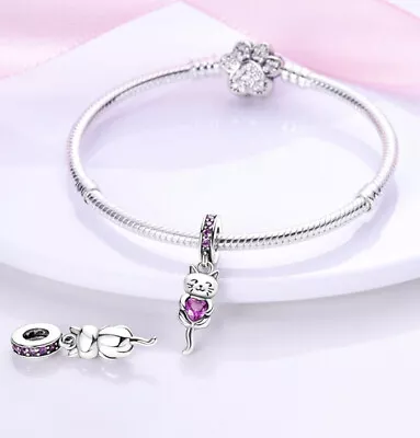 Genuine Sterling Silver 925 Pink Cat Bead Dangle Charm Birthday Gift Cute • £13.45