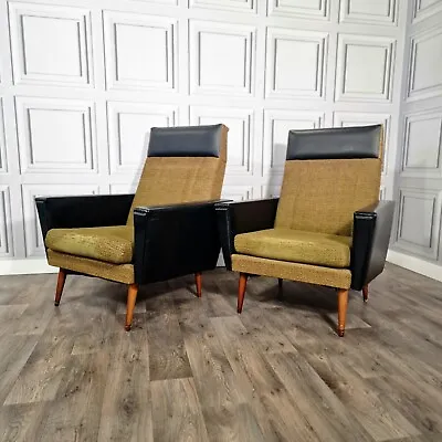 Pair Of 2 Vintage Fabric Vinyl Danish Lounge Club Chairs - Retro Mid Century • £489.99