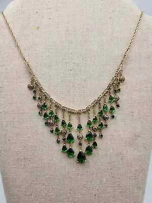 Monet Art Deco Emerald Teardrop Rhinestone Bib Gold Tone Necklace 16 Prom Formal • $39.99