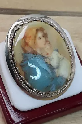 Vintage Milk Glass  Mother & Child  Portrait Cameo Gold Tone Brooch 1.75  • $22.99