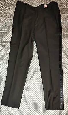 New Mens Black Flat Front 100% Wool Tuxedo Pants With Satin Stripe Wedding Prom • $40