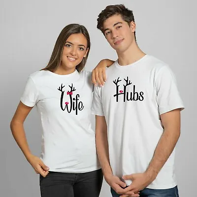 Christmas Couple Matching T-shirt Tee Shirt Reindeer Husband Wife Gift Funny Top • $14.79