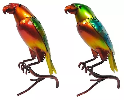 2 X Parrot Glazed Garden Ornament HAND PAINTED! Figurine Statue Patio Lawn Metal • £9.99