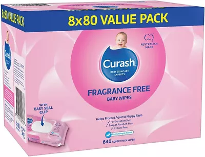 Curash Fragrance Free Baby Wipes For Sensitive Skin 8 X 80 Value Pack 640 Wipes • $35.99