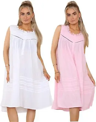 Ladies Sleeveless Nightdress 100% Cotton Victorian Design Buttons Lace Nighty • £21.95