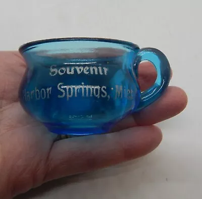 Harbor Springs Mich. Mi. Miniature Coffee Cup - Blue Glass - Circa 1910 • $22.99