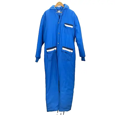 Vintage MontGomery Ward L Snowmobile Suit Ski Blue Black Stripe Insulated Belted • $78.89