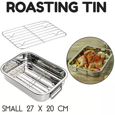 Stainless Steel Roasting Tray Oven Pan Dish Meat Baking Roasting Tin Grill Rack • £9.99