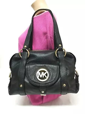 Michael Kors Fulton Logo Black Pebbled Leather Satchel Handbag • $55