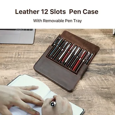 Genuine Leather 12 Slots Hard Fountain Pen Case Storage Box + Removable Pen Tray • £64.79