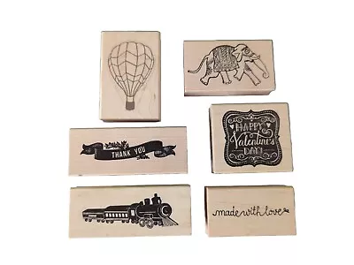 MIXED LOT 6 RUBBER STAMPS Wood Mounted Valentines Day Train Balloon Elephant • $12.99