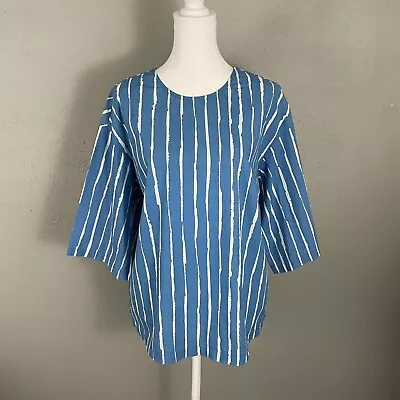 MARIMEKKO Aaria Rakky Blouse Blue White Size L Boxy Art To Wear 3/4 Sleeve Top • $71.20