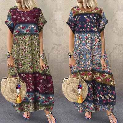 ZANZEA Womens 10-24 Hawaiian Retro Hippie Printing Oversized Kaftan Maxi Dress • $19.03