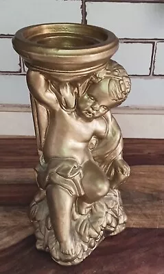 Vintage Gold Gilt Chalkware Cherub/Angel Statue Trinket Dish Candle Holder 9  • $14