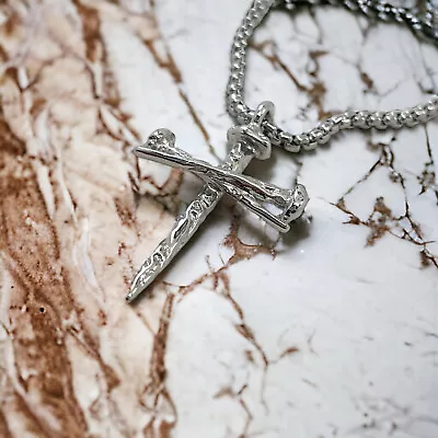 Rustic Nail Cross Rhodium Metal Finish Necklace On Heavy Chain • $17.99