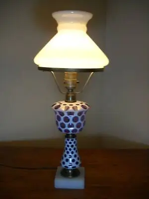 Rare Vintage Purple Coin Dot Lamp W/Marble Base & Bristol Milk Glass Shade 22  • $129