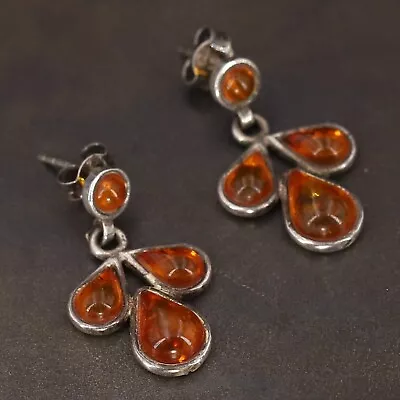 VTG Sterling Silver - POLAND Baltic Amber Cluster Dangle Post Earrings - 5g • $9.50