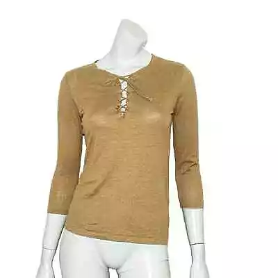 Majestic Filatures Lace Up Vneck 3/4 Sleeve Tee Brown Stretch Linen Sz 1 • $31.99