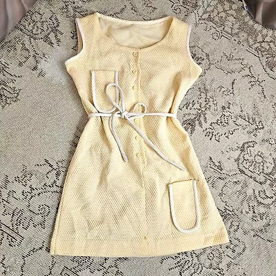 Vintage 1970s 60s Dress Minidress Miniskirt Yellow White Tie Waist Belt Retro  • $66