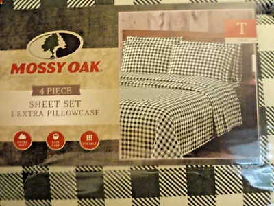 New 4 Pc Mossy Oak TWIN SHEET Set Soft Olive Green Cream Buffalo Plaid Checkered • $18.99