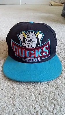 Vintage Mighty Ducks 90s Hat Big 2 Logo Snapback NHL New Era Black Blue Cap • $33.99