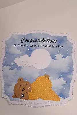 Luxury Handmade Card Topper Baby Boy Sleeping Teddy Bear • £0.99