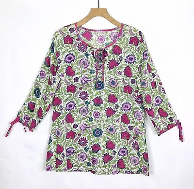 Anokhi For East Vibrant Floral Lightweight Cotton Tie Detail Boho Tunic Top  14 • £23.99