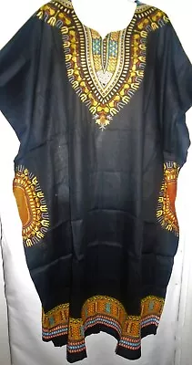 Advance Womens Dress Caftan Dashiki Retro Print Free Size Fits 2X To 4X Black • $18.99