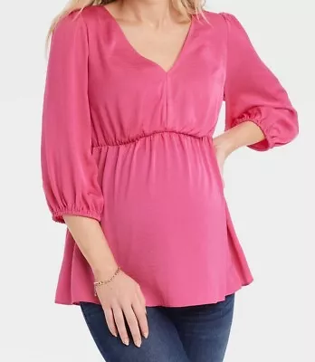 Isabel Maternity Elbow Sleeve Woven Back Cut Out Maternity & Beyond Shirt Pink S • $17.99