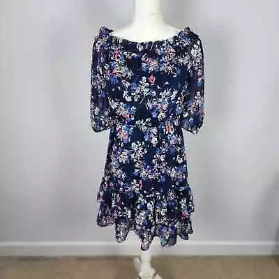 Westport Womens Medium Floral Tiered Dress Blue Ruffle Elastic Neck Cottagecore • $18.82