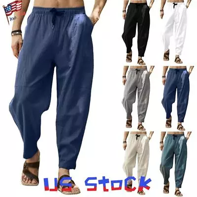 Mens Casual Cotton Linen Baggy Trousers Wide Leg Elastic Waist Loose Harem Pants • $21.39