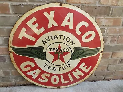 Large Vintage Heavy Porcelain Metal Sign Texaco Aviation Motor Oil Gas 30 Inches • $350
